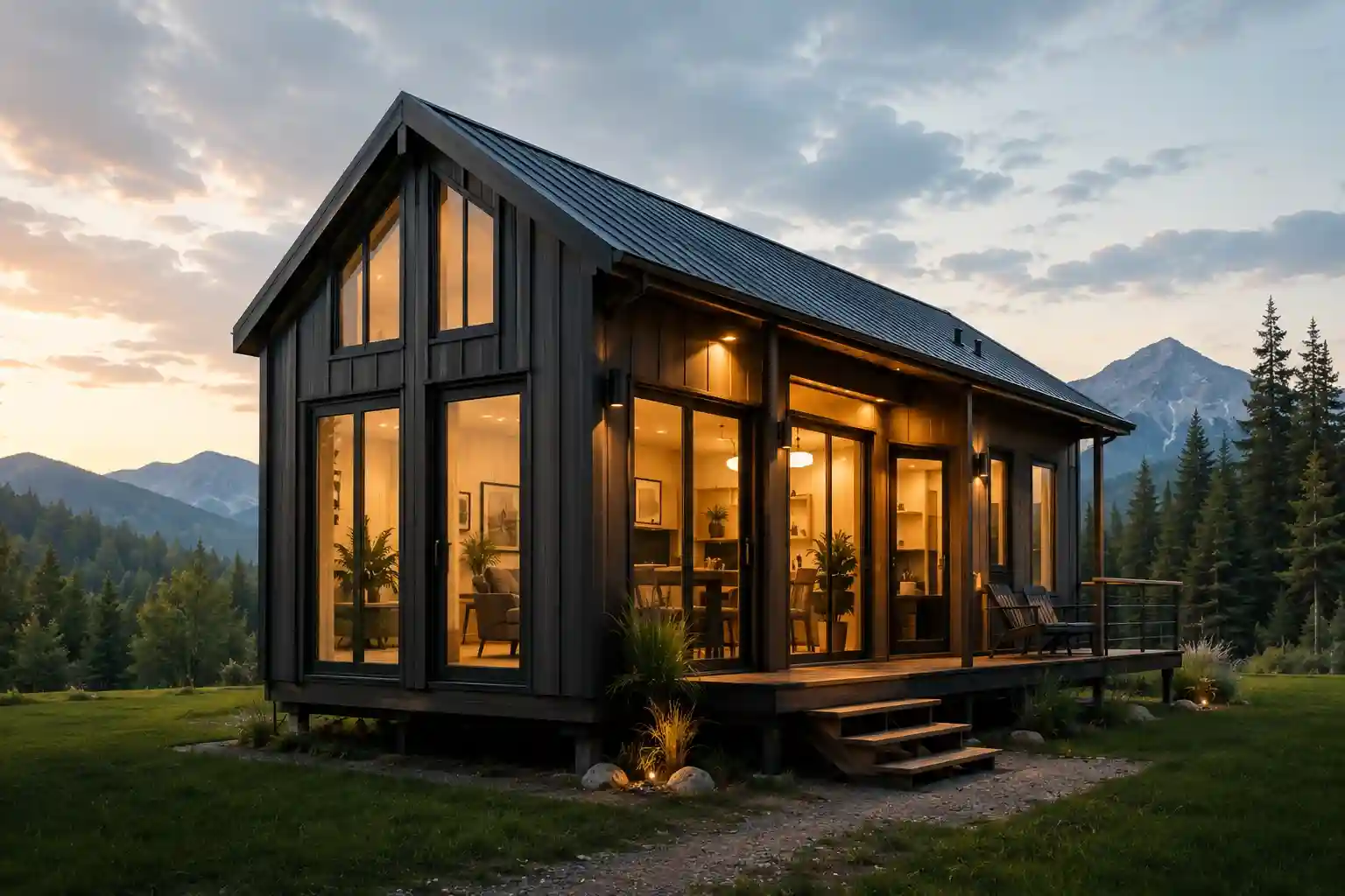 Modern dark tiny home with large windows in a mountain forest at golden hour