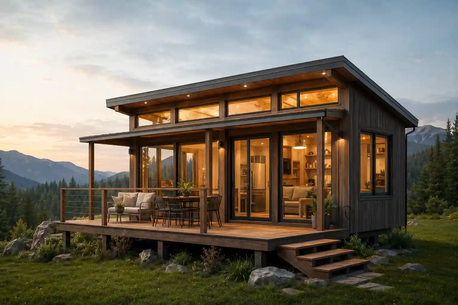 Modern prefab cabin with a large deck and mountain views at sunset