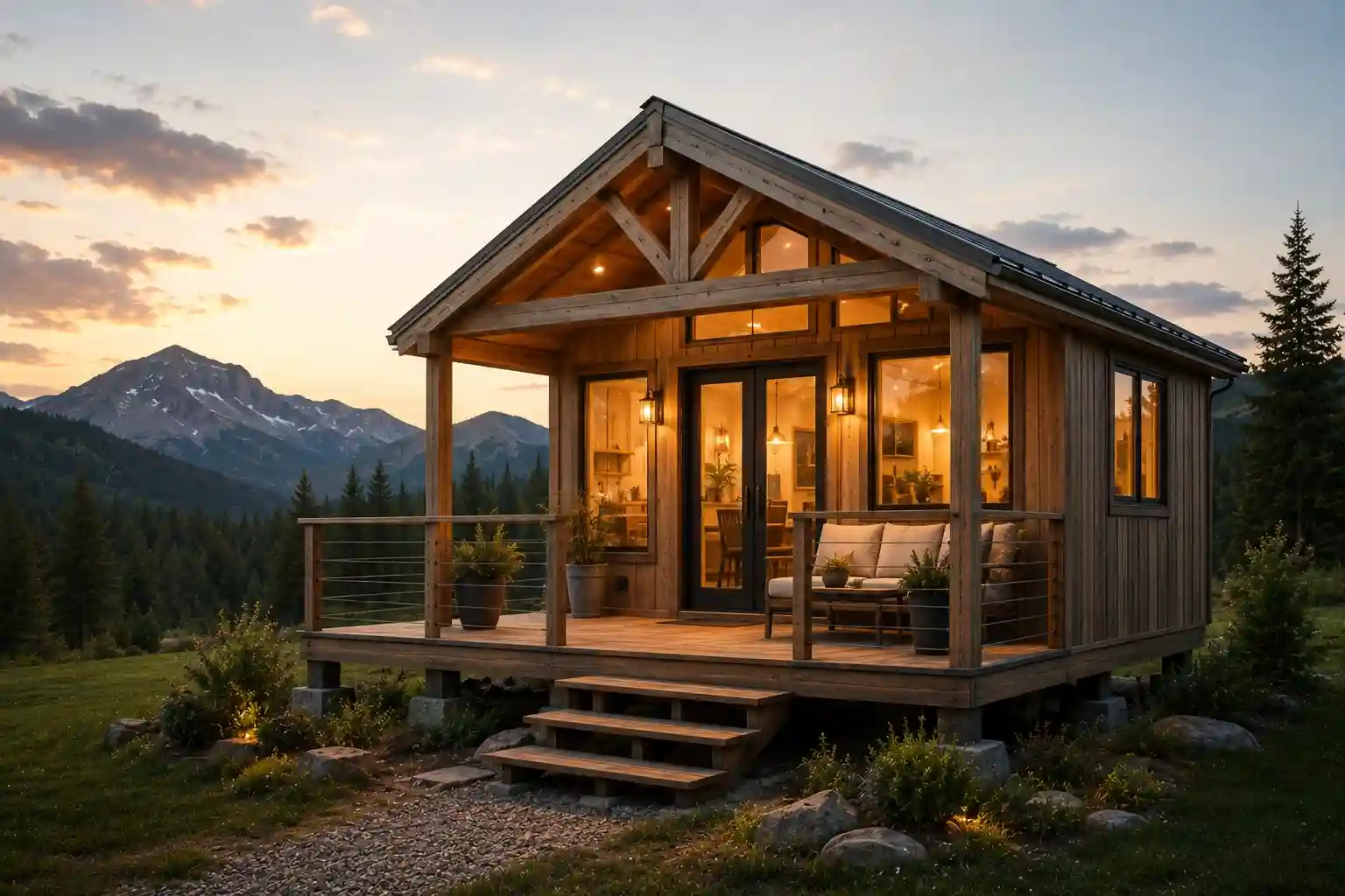 Rustic tiny cabin with warm lights on a mountain landscape at sunset