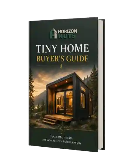 Tiny Home Buyer’s Guide book by Horizon Huts with modern tiny home cover